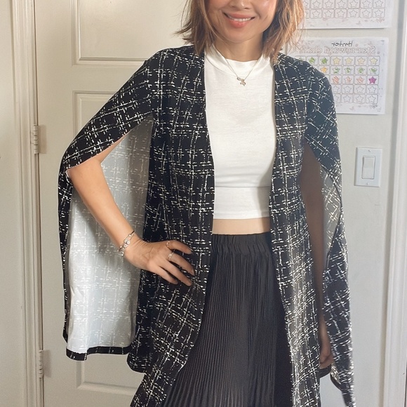 Classic Abstract Plaid Print Open Front Cape Blazer Jacket - Picture 9 of 11